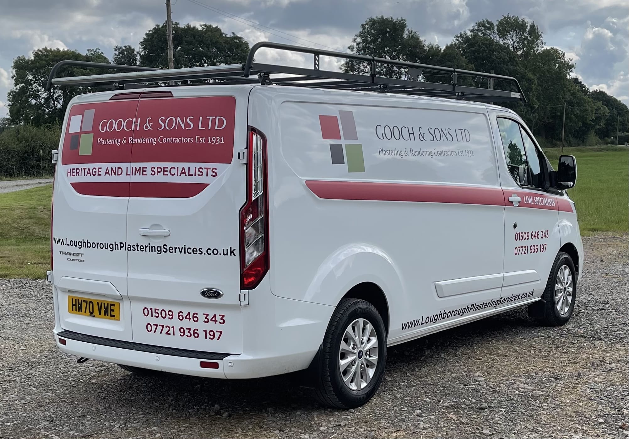 Gooch & Sons Ltd plastering and rendering contractors van signage with company logo, heritage and lime specialists, and contact details